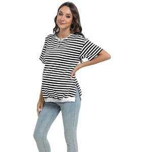 Maternity Shirts Women's Casual Floral Print Tops Striped Ruched Side Tunic Top - 1 of 2