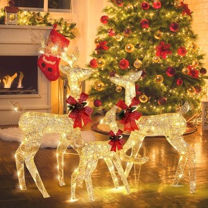 Angel Sar 3-Piece Golden Elk Family Lighted Decoration Set, Iron Frame Cotton Thread Christmas Yard Decor with LED Lights for Courtyard, Garden - 1 of 4