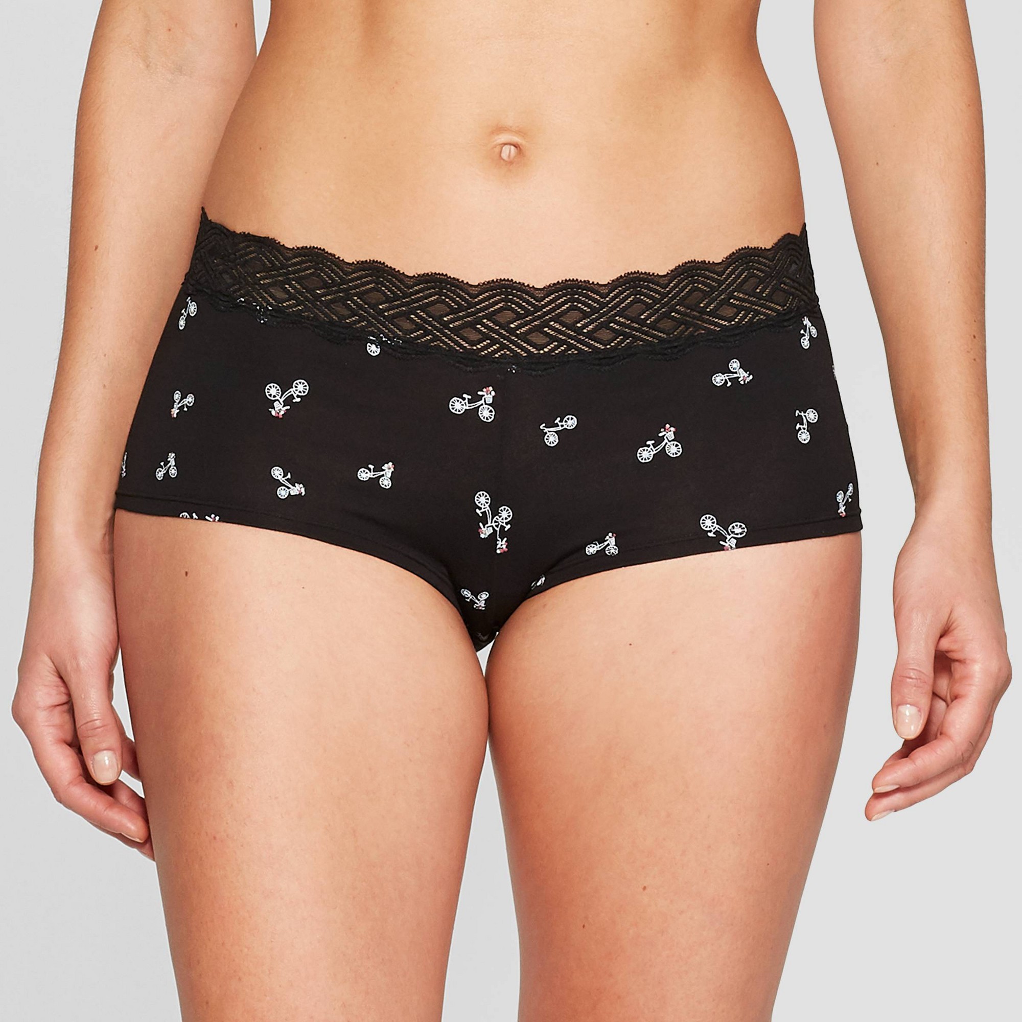 Women's Cotton Boyshorts with Lace Waistband - Auden Black Bicycle Print  XL, by Auden