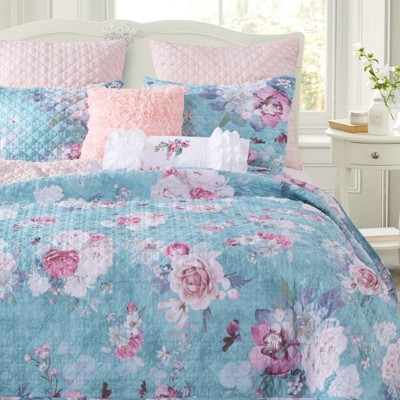 Blush and Turquoise Floral Microfiber Twin Quilt Set