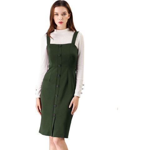 Женские платья INSPIRE CHIC Women's Classic Button Decor Slim Fit Sleeveless Tie Waist Pinafore Overall Dress Dark Green Medium