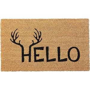 HomeRoots 17" X 29" Natural And Black Hello With Antlers Coir Outdoor Door Mat - 1 of 4