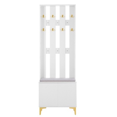 Vynxaria Hall Trees: 70.8-Inch Modern Luxury 4-in-1 White Entryway Bench with Gold Hooks and Fluted Doors