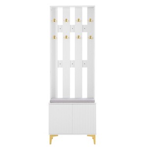 Vynxaria Hall Trees: 70.8-Inch Modern Luxury 4-in-1 White Entryway Bench with Gold Hooks and Fluted Doors - 1 of 4