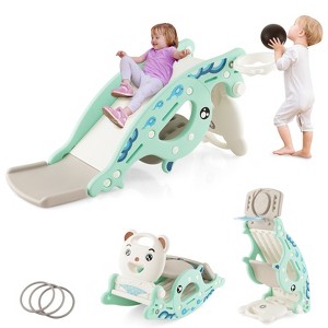 Costway 4-in-1 Kids Slide Rocking Toy Slide Rocking Horse w/Basketball Hoop Rings Pink\Green - 1 of 4
