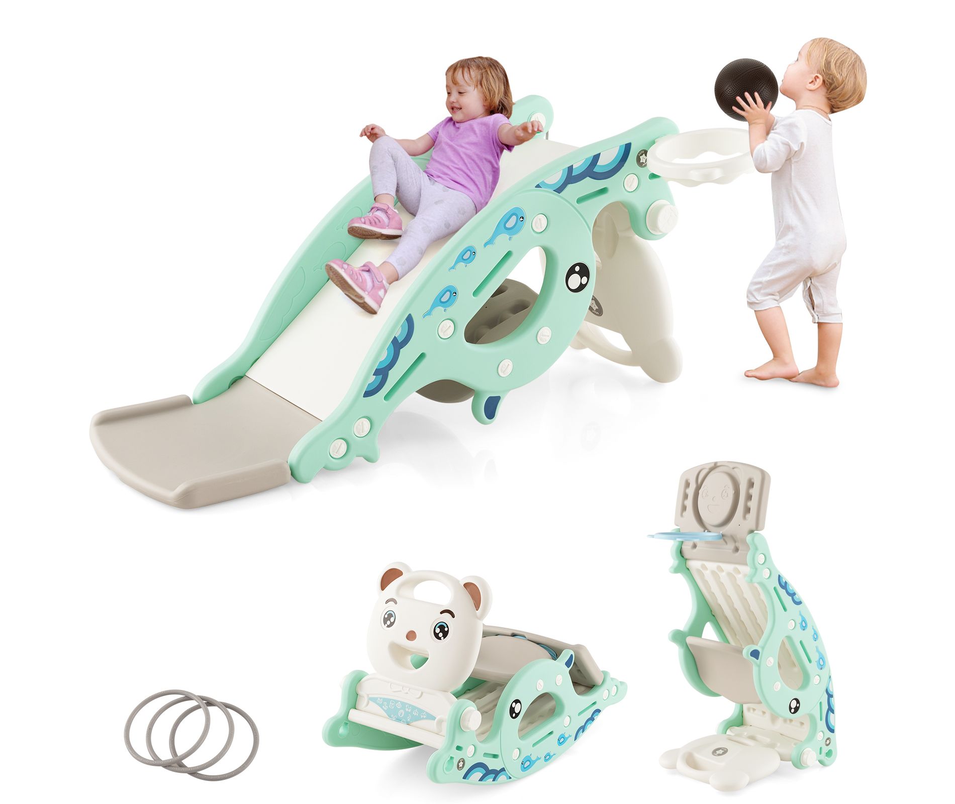 Costway 4-in-1 Kids Slide Rocking Toy Slide Rocking Horse w/Basketball Hoop Rings Green