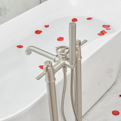 Brushed Nickel Freestanding Floor Mount Tub Faucet with Hand Shower