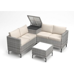 Jojoka 4-Piece All-Weather PE Rattan Patio Sofa Set, Sectional with Loveseat, Coffee Table with Storage, Ideal for Backyard - 1 of 4
