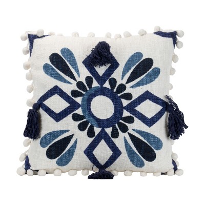 Tile Pattern Hand Woven 18x18" Decorative Cotton Throw Pillow with Hand Sewn Pom Poms and Tassels - Foreside Home & Garden