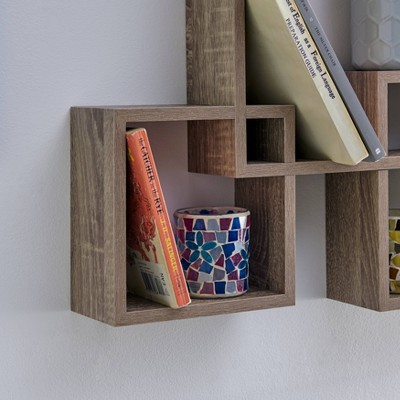 Weathered Oak 14" Intersecting Cube Floating Wall Shelf