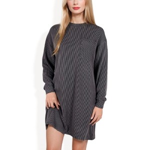 Anna-Kaci Women's Long Sleeve Waffle Knit Oversized Tunic Dress with Front Pocket - 1 of 4