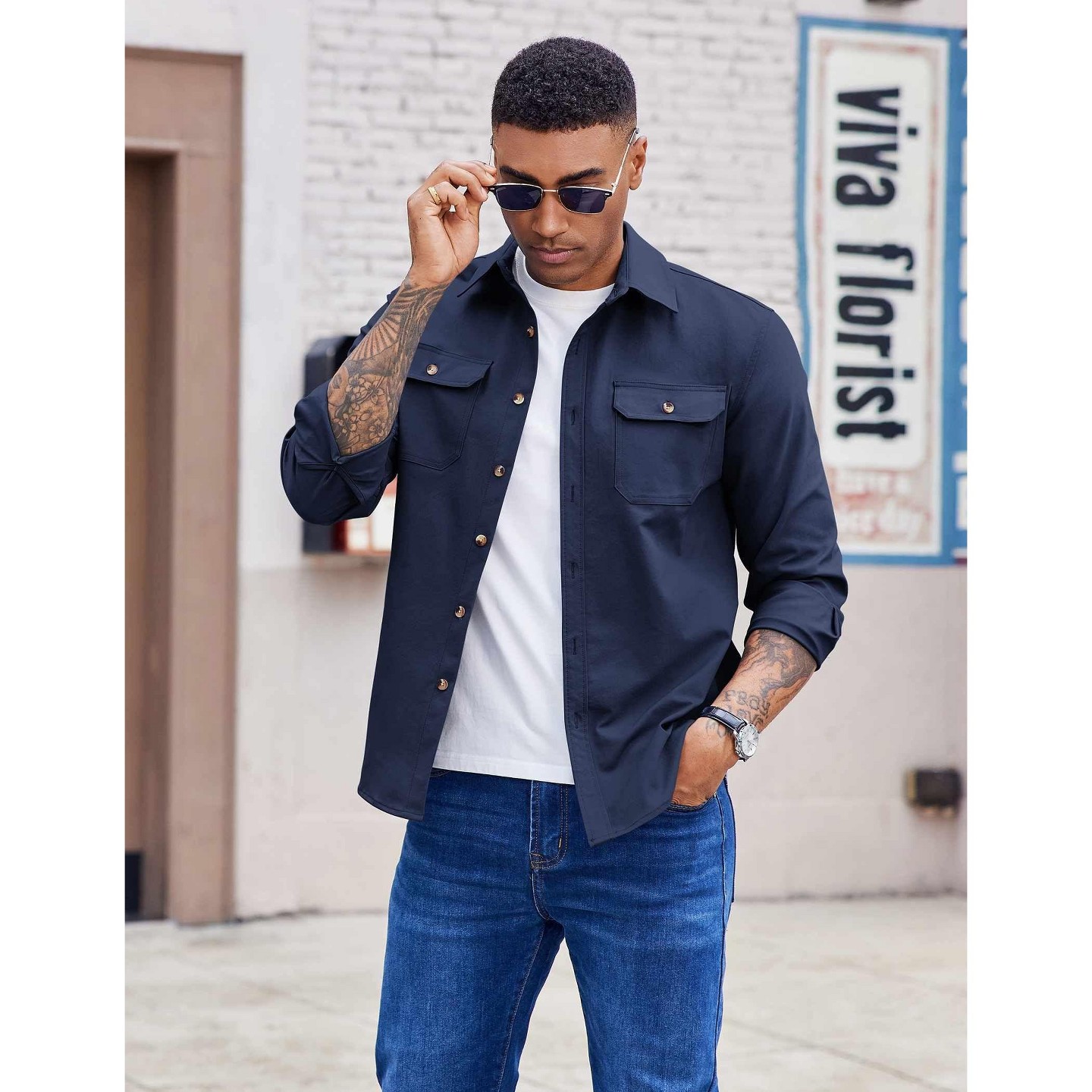 Мужские куртки COOFANDY Long Sleeve Button Down Shirts Jacket Casual Lightweight Fall Shirts for Men Navy Blue XXL Navy Blue, цвет: Тёмно-синий — фото 2