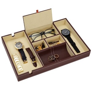 Juvale Leather Valet Catchall Tray for Men with 6 Compartments - Bedside Nightstand Organizer for Phones (Brown) - 1 of 4