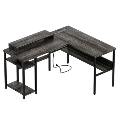 Itopfox Reversible L-Shaped Desk with Power Outlets, RGB LED Light, Ergonomic Monitor Stand & Storage Shelves, Home Office Corner Desk, Easy Assembly