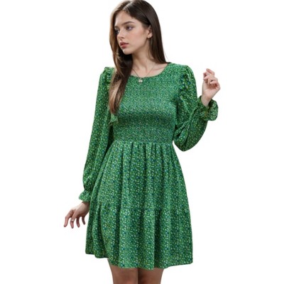 Anna-Kaci Women's Smocked Chest Long Puffed Sleeve Floral Flared Dress - X  Large, Green