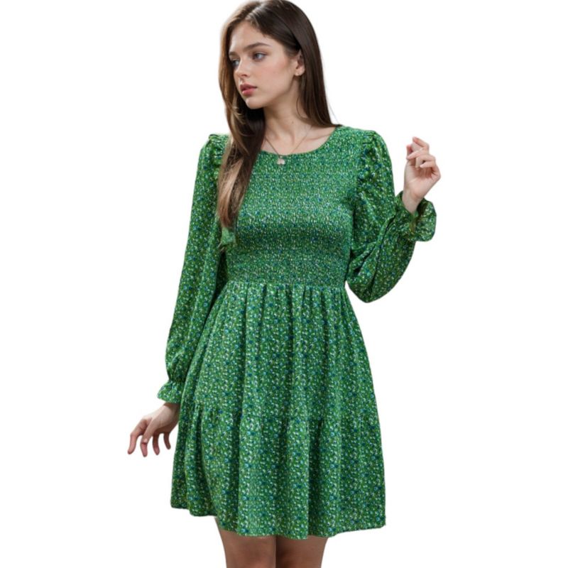 Anna-Kaci Women's Smocked Chest Long Puffed Sleeve Floral Flared Dress, 1 of 6