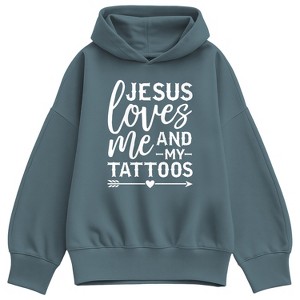Women's Instant Message Jesus Loves Me And My Tattoos Oversized