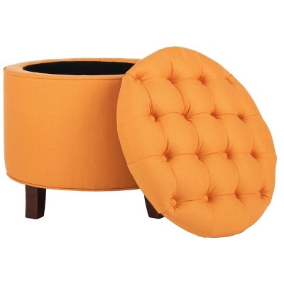 Tangerine Round Tufted Storage Ottoman with Oak Legs