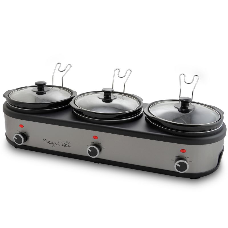MegaChef Triple 2.5 Quart Slow Cooker and Buffet Server with 3 Ceramic Cooking Pots and Removable Lid Rests, 3 of 8