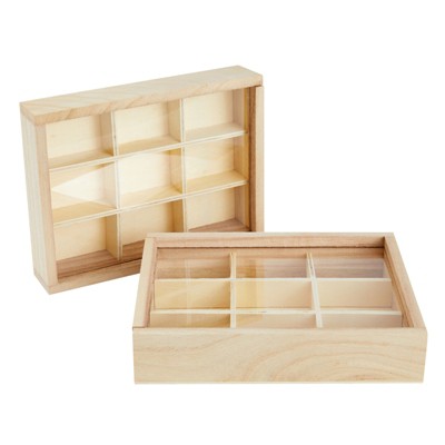 2 Pack Wooden Storage Tray Box with Lid, 9 Compartments Storage Organizer for Jewelry, 6.75 x 5.1 Inches