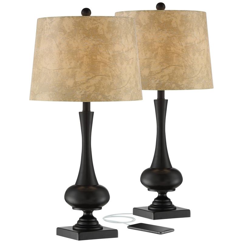Franklin Iron Works Ross Rustic Farmhouse Table Lamps 27" Tall Set of 2 Bronze with USB Charging Port Faux Leather Drum Shade for Living Room Desk, 1 of 10