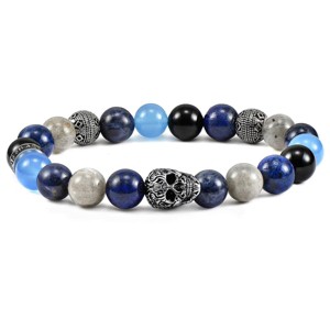 Crucible Men's Skull with Onyx, Lapis Lazuli, Sodalite, Labradorite and Agate Stones Stretch Bracelet (10mm) - 1 of 4