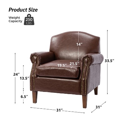 Brown Faux Leather Armchair with Nailhead Trim and Wood Frame