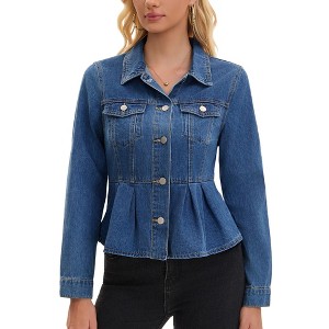 INSPIRE CHIC Women's Denim Button Down Turndown Collar Long Sleeve Ruffle Hem Peplum Jean Jackets - 1 of 4