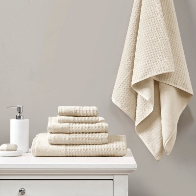 6Pcs 100% Cotton Solid Color Bath Towel Set, Anti-Microbial Certified Waffle Jacquard Quick Dry Bath Towel