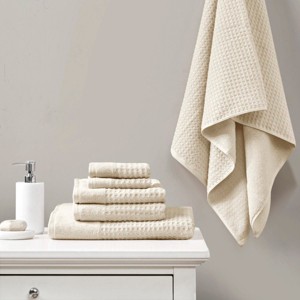 6Pcs 100% Cotton Solid Color Bath Towel Set, Anti-Microbial Certified Waffle Jacquard Quick Dry Bath Towel - 1 of 4