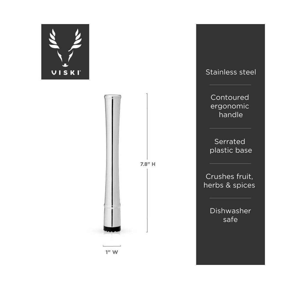 Viski Stainless Steel Cocktail Muddler for Mojito, Mint Julep, Fruits, Herbs and Spices, Ergonomic Handle, Home Bar, Bartender Tools, Gifts for Men - thumbnail 3