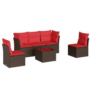 vidaXL 5 Piece Patio Sofa Set with Cushions Brown Poly Rattan - Brown and Red With Table - 1 of 4