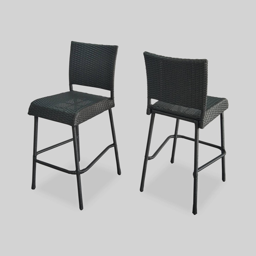 Neal Set of 2 Wicker 29" Barstools: Gray, Rattan, Iron Frame, Weather-Resistant - Christopher Knight Home