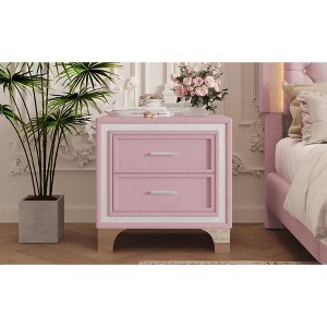 PAGED Velvet Nightstand with 2 Drawers, Mid Century Vintage Bedside Table with Silver Glitter Strip Decor and Metal Legs for Bedroom - 1 of 4