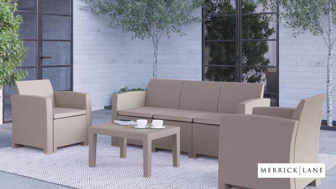 Merrick Lane 4 Piece Faux Rattan Patio Furniture Set with 2 Chairs and Sofa with Removable Beige Cushions and Table, 2 of 5, play video