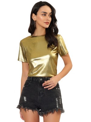 Allegra K Women's Party Metallic Short Sleeve Textured Shiny T-shirts