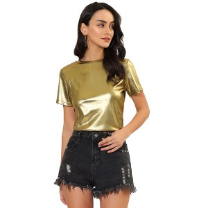 Allegra K Women's Party Metallic Short Sleeve Textured Shiny T-shirts - 1 of 4