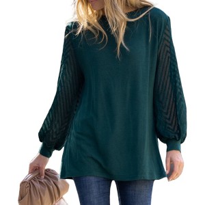 Amaryllis Women's Boat Neck Top with Sheer Textured Chevron Balloon Sleeves Relaxed Fit Versatile Pullover - 1 of 4