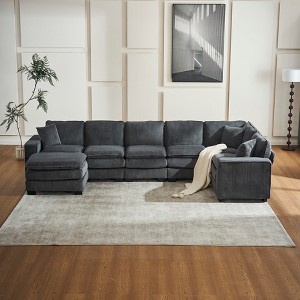 TiramisuBest Modern U-Shaped 6-Seat Sectional Sofa with Ottoman & 3 Toss Pillows, Modular Corduroy Sofa for Living Room, Orange - 1 of 4