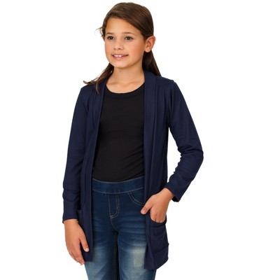 Girls Open Front Long Sleeve Pocket Cardigan