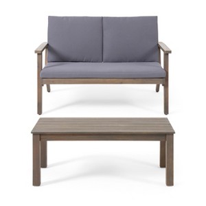 GDFStudio Deborah Outdoor Acacia Wood Loveseat and Coffee Table Set with Cushions - 1 of 4
