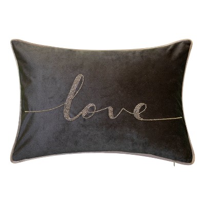 12"x18" Poly-Filled Beaded 'Love' Luxe Velvet Lumbar Throw Pillow Black - Edie@Home