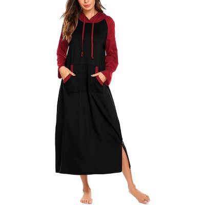 Ekouaer Nightgowns for Women Cotton Nightgown Long Sleeve Hooded Night Gown Contrast Color Full Length Loungewear with Pocket