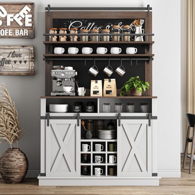 Coffee Bar Cabinet, Farmhouse Buffet Cabinet with Storage, 75" Tall Kitchen Buffet Sideboard with Sliding Barn Door, Coffee Hutch Cabinet