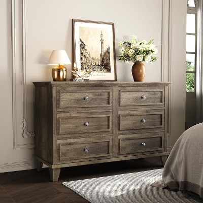 TackView 6 Drawer Wide Dresser Storage Organizer, Modern Wooden Chest of Drawers with Metal Handles for Hallway, Entryway, Home Office
