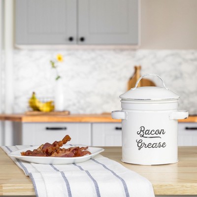 AuldHome Design White Bacon Grease Container, Enamelware Can w/ Strainer, Farmhouse Style Kitchen Storage — фото 4