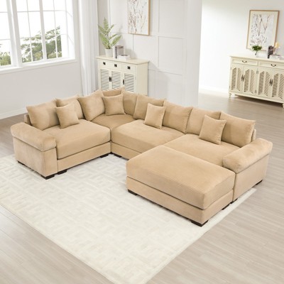 Aukfa 3-Seater Oversized Cloud Modular Sectional Sofa with Ottoman, Corduroy Fabric, Extra-Thick Armrests, Easy Assembly, Ergonomic£¬Camel