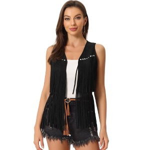 INSPIRE CHIC Women's 70s Western Open Front Faux Suede Fringe Vest - 1 of 4