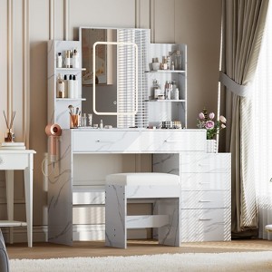Vanity Desk with Mirror and Lights, Makeup Vanity Set with 6 Drawers and Shelves, Vanity with Charging Station - 1 of 4