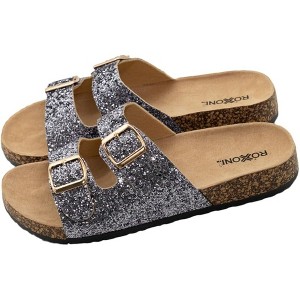 Roxoni Women's Chic Glitter Flat Sandals with Double Buckle Straps & Comfortable Suede Footbed – Stylish, Slip-Resistant Design for Everyday Wear - 1 of 4